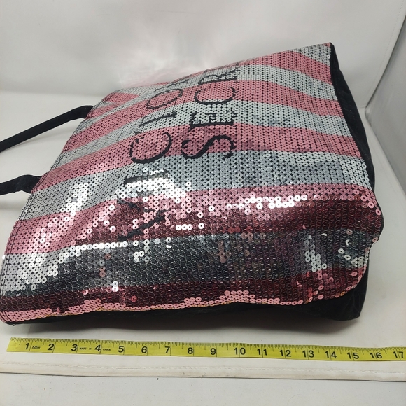 Victoria's Secret Sequined Weekender Tote Bag Pink Silver Striped Spell Out Y2K - Picture 7 of 12